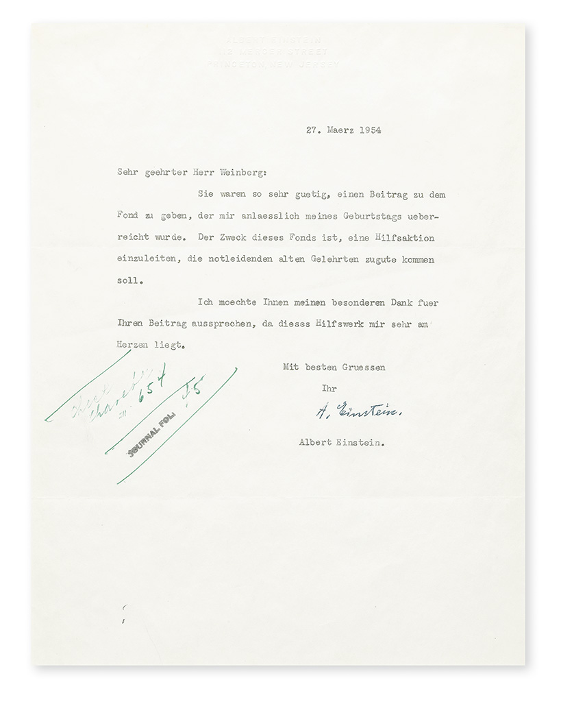 EINSTEIN, ALBERT. Typed Letter Signed, A. Einstein, to Dear esteemed Mr. Weinberg, in German,